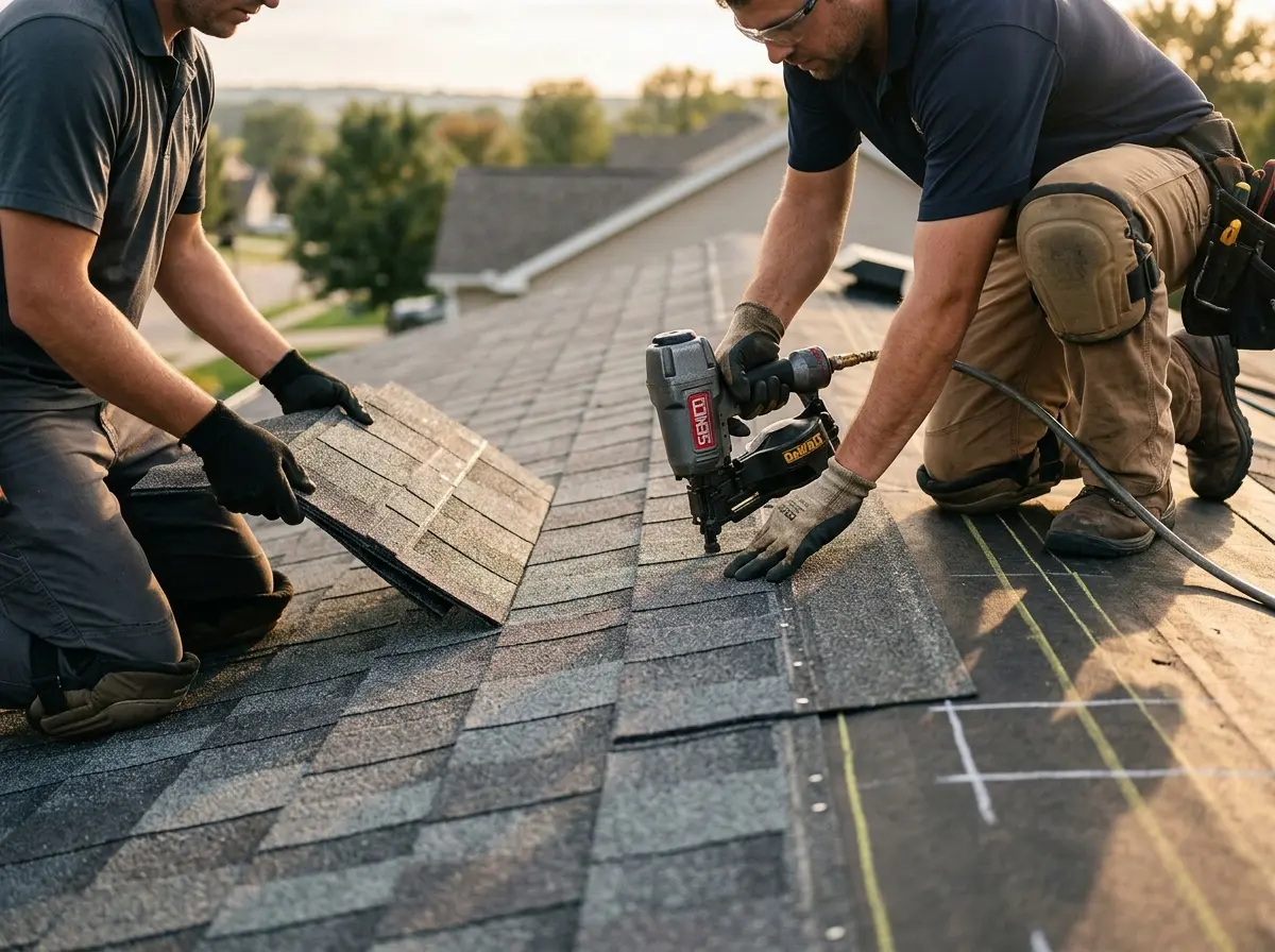 Professional roofer working on a residential roof in Ballston